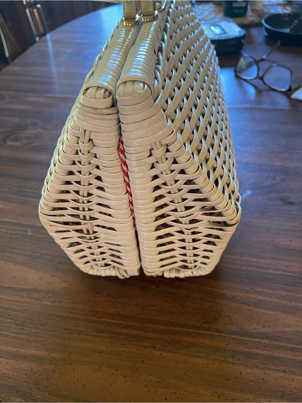 Vintage Woven White Top-Handle Bag with Gold Hardware. 15x5 - Picture 4 of 6